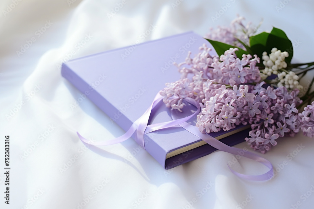 stock photo,Wedding vows booklet with lilac and periwinkle details. wedding, simple composition сreated with Generative Ai stock photo,Wedding vows booklet with lilac and periwinkle details. wedding, simple composition сreated with Generative Ai