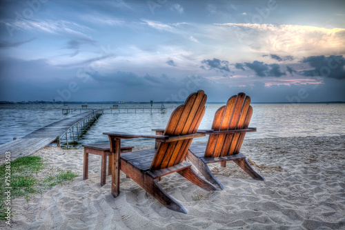 High Dynamic Range HDR Photo of wooden beach chairs along Lake Mendota at dusk Madison, Wisconsin photo