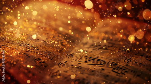 Old aged music score with shimmering gold particles and twinkling lights and bokeh effect on a red background.