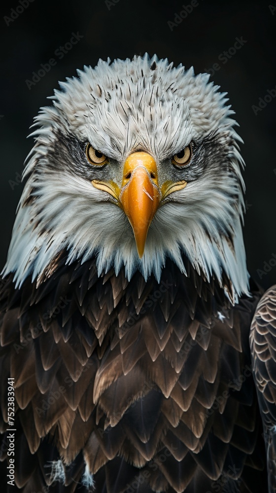Fototapeta premium a bald eagle close-up portrait looking direct in camera with low-light, black backdrop. Intense bald eagle headshot, piercing gaze.