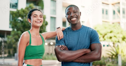 Face, city and couple with workout, exercise and smile with support and challenge in New York. Portrait, man and woman with urban town and healthy with wellness and interracial with training or happy photo
