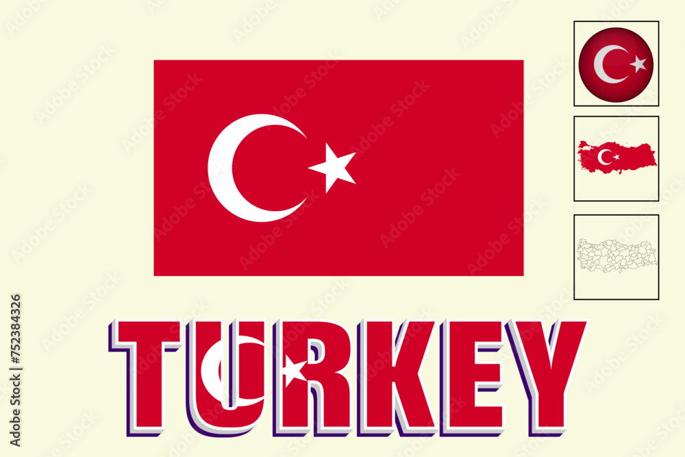 Turkey map and Turkey flag vector drawing

