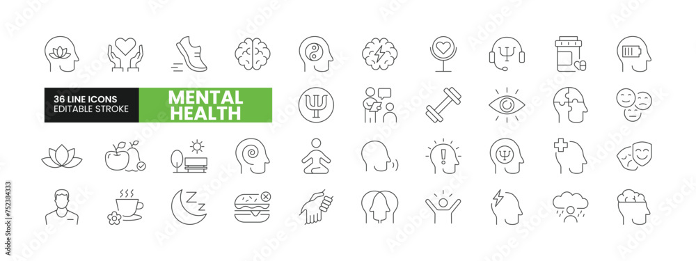 Set of 36 Mental Health line icons set. Mental Health outline icons with editable stroke collection. Includes Depression, Anxiety, Yoga, Healthy Lifestyle, Wellness, and More. - obrazy, fototapety, plakaty 