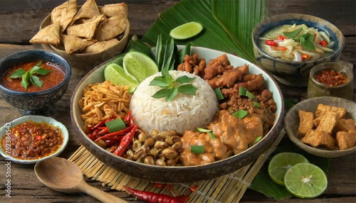 Appetizing Image of Nasi Tutug Oncom - Traditional Sundanese Meal Highlighting Fermented Soybean Rice, Fried Chicken, Tempeh, Tofu, and More - Optimized for Textures, Colors, and Flavors in Sundanese 