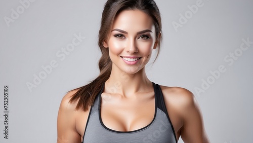 Smiling fit beautiful woman in a fitness on a white background with copy space photo
