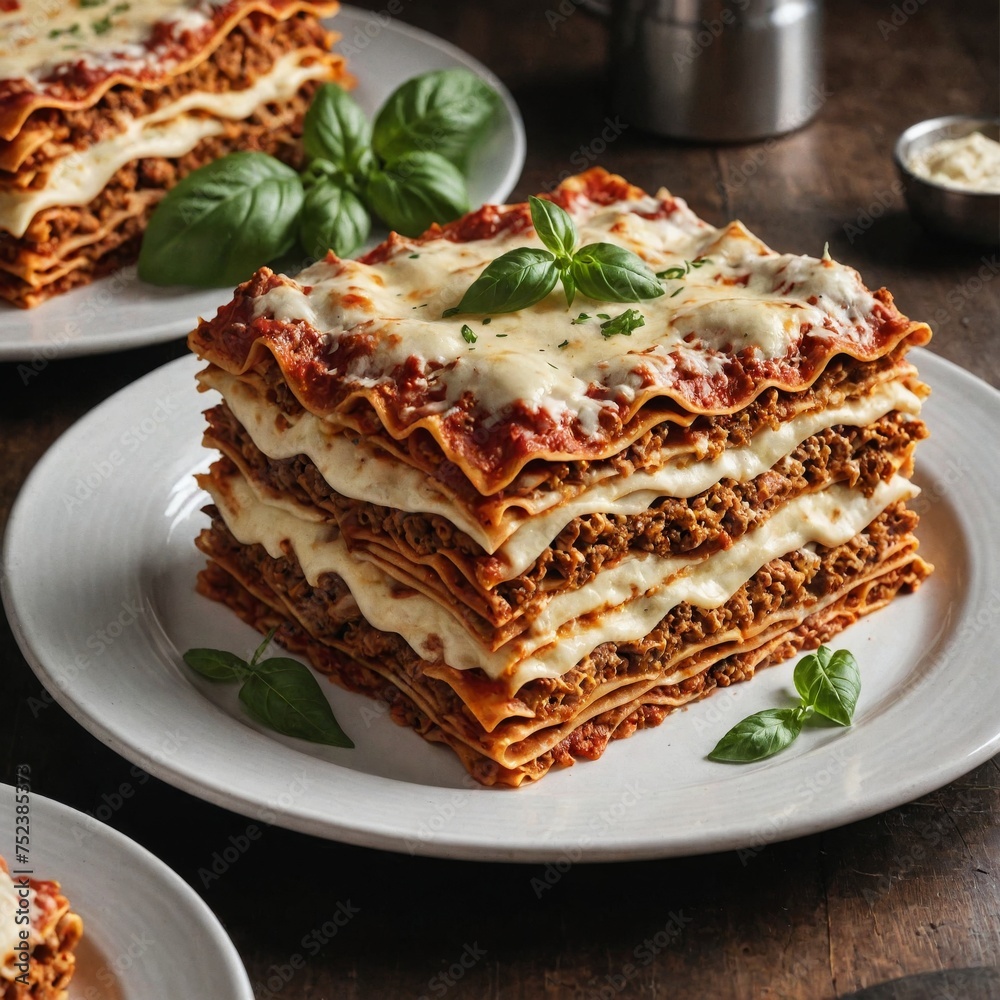 Photo of Lasagna, close-up of restaurant menu dish Photo of Lasagna, close-up of restaurant menu dish