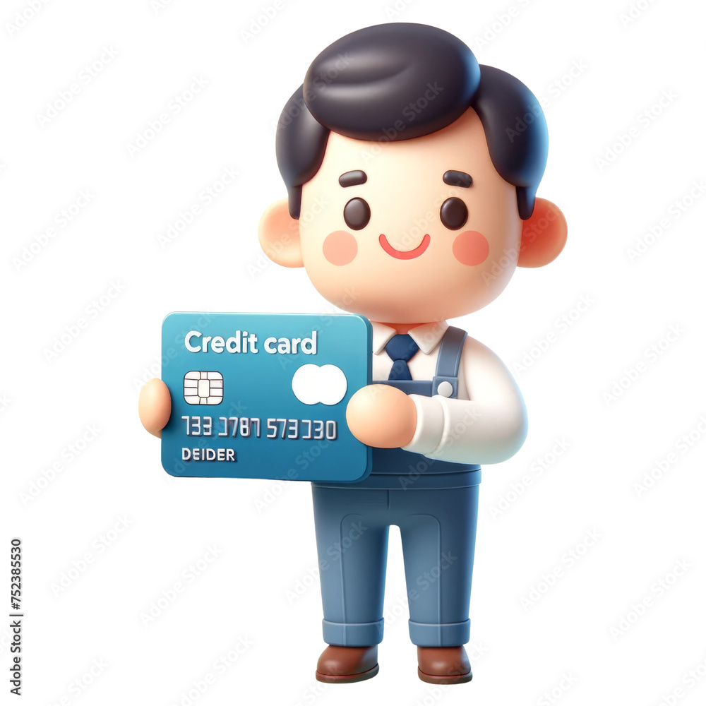 3d cute boy holding a credit card, 3d clipart, 3d character.