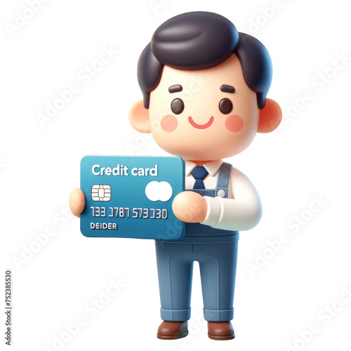 3d cute boy holding a credit card, 3d clipart, 3d character.