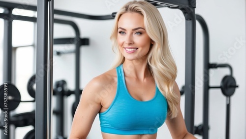 Smiling fit beautiful woman in a fitness on a white background with copy space
