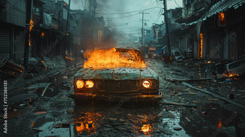 a vintage car burning in the middle of a big street of a destroyed city,generative ai