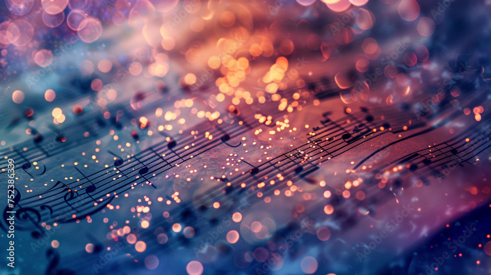 Old aged music score background with shimmering gold particles and twinkling lights and bokeh effect illuminated by neon purple and blue lights. - obrazy, fototapety, plakaty 