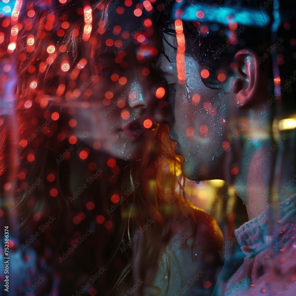 Romantic Couple Embracing in the Rain: Intimate Moment Amidst City Lights
