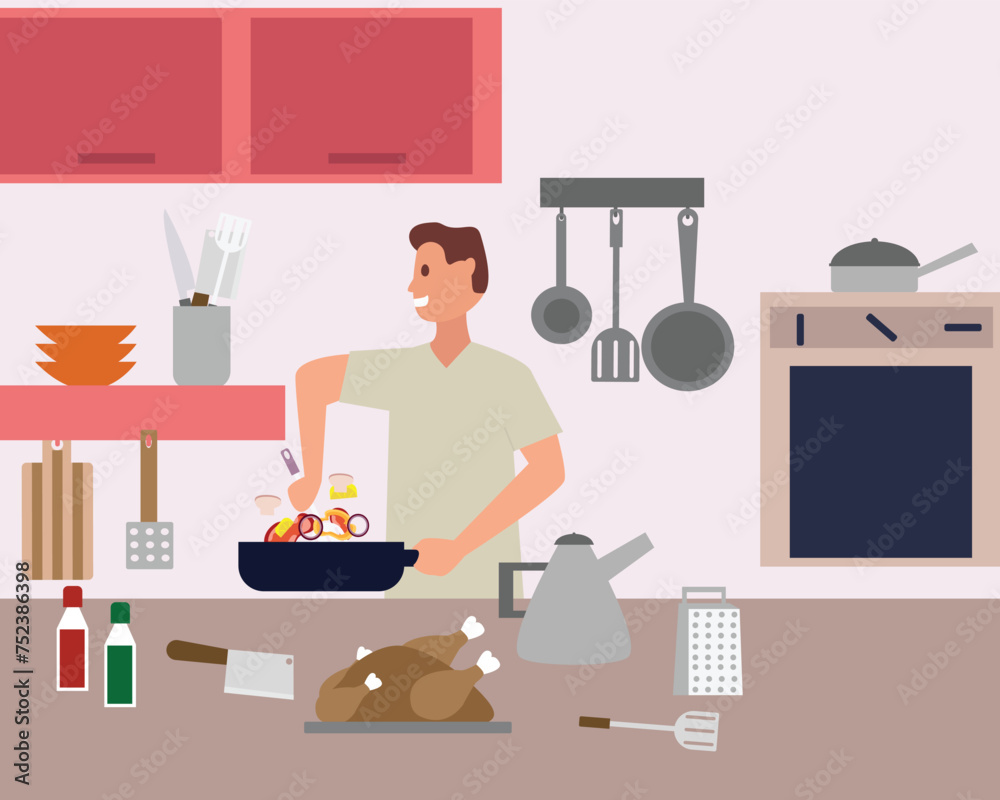 Young man Fried vegetables and cooking chicken meat. tomato, capsicum, carrot, cucumber, chilli, and onion. flat vector illustration. Young man Fried vegetables and cooking chicken meat. tomato, capsicum, carrot, cucumber, chilli, and onion. flat vector illustration.