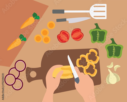 Point of view of human hands chopping vegetable for cooking. tomato, Capsicum, carrot, Cucumber. flat vector illustration