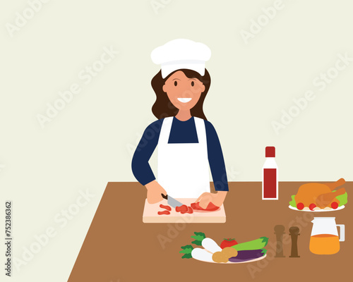 A female chef chops meat for cooking. Egg, chilli, onion, chicken meat. Flat vector illustration.