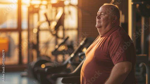 An overweight mature elderly middle aged man stands in the gym preparing to play sports, the concept of an active life in old age, taking care of the body