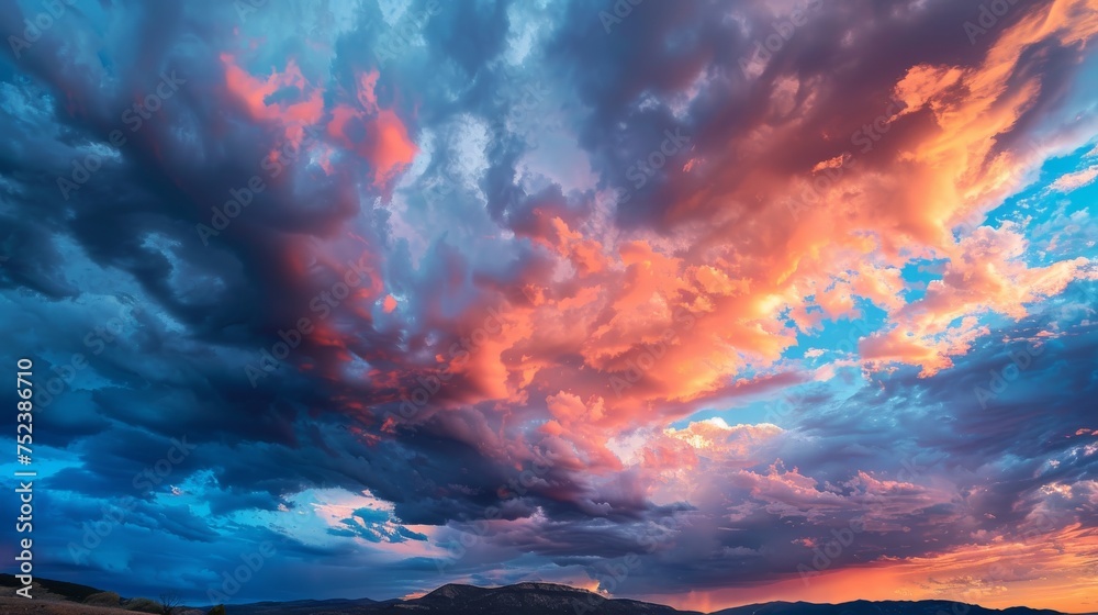 The sky puts on a dramatic show with fiery orange clouds contrasting against dark stormy ones, casting a majestic glow over the mountain silhouette.
