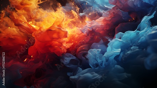 Celestial blue and ruby red liquids collide, producing a dazzling burst of energy that forms mesmerizing abstract patterns in the air. HD camera captures the intense collision with precision