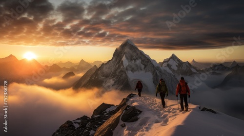 Climbers climb to the top of a snowy Mountain at sunset. Mountaineering, Scenic Landscape, Extreme sports, Hiking, Travel, Active healthy lifestyle concept. Horizontal Banner, Copy space.