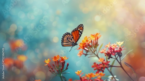 A delicate monarch butterfly perches gracefully on a flower against a backdrop of dreamy bokeh light, highlighting the beauty of nature. © doraclub
