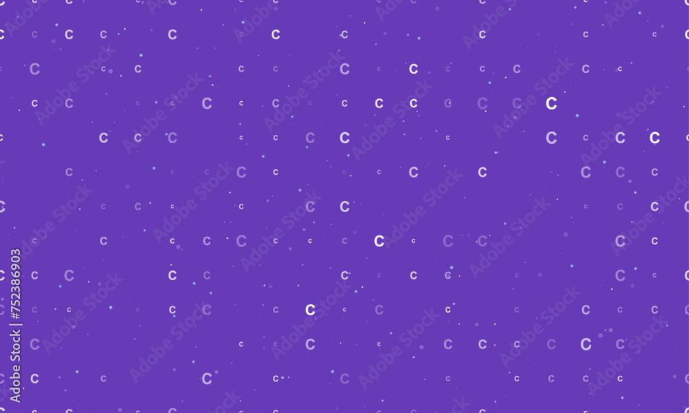 Seamless background pattern of evenly spaced white capital letter C symbols of different sizes and opacity. Vector illustration on deep purple background with stars Seamless background pattern of evenly spaced white capital letter C symbols of different sizes and opacity. Vector illustration on deep purple background with stars