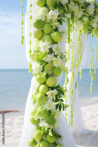 Wedding arch adorned with fresh lime green florals and drapery сreated with Generative Ai