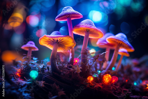 Colorful generative ai collage of bright glossy mushrooms in night magical woods