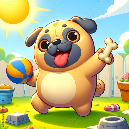 cartoon style of a cute puppy dog playing with a ball