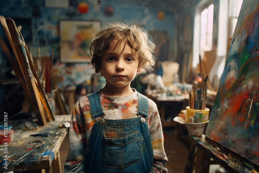 Little beautiful child draws on an easel in an art studio drawing school creativity generative AI Little beautiful child draws on an easel in an art studio drawing school creativity generative AI
