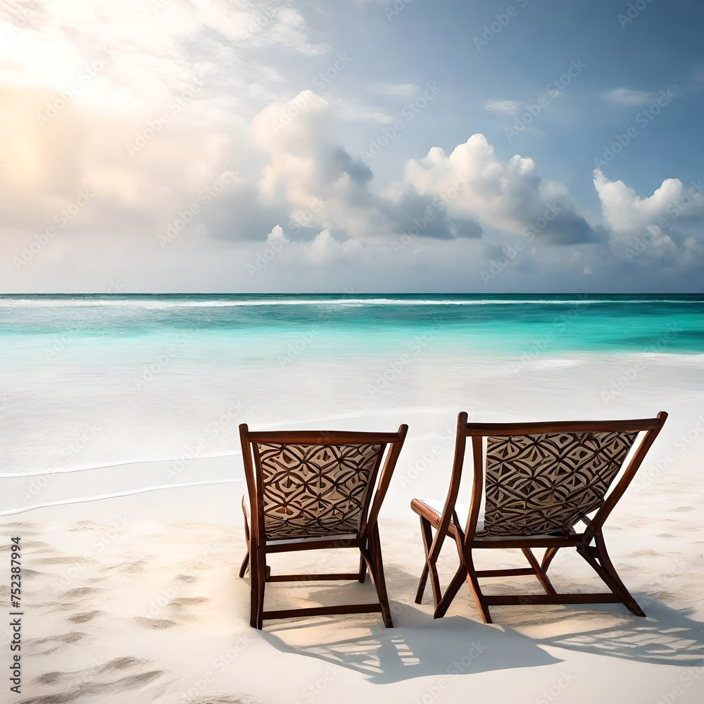 two chairs on the beach at sunset