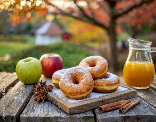 Apple cider donuts, apples, and apple cider on a rustic table outside in the country during fall