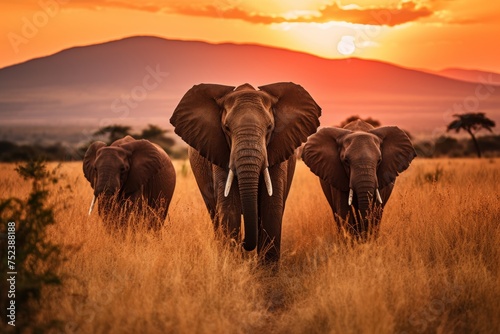 Majestic herd of elephants walking across dry grass field during stunning sunset