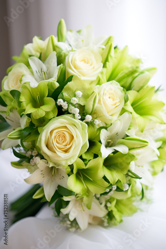 Close-up of the bride s bouquet featuring vibrant lime green flowers   reated with Generative Ai