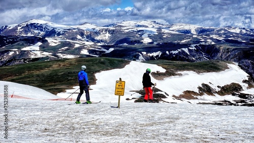 Snow activities in Wyoming. Wonderful and only summer ski area. Spectacular view at Beartooth Highway Summit, Wyoming. A Drive of incredible beauty. Yellowstone. Northwest alpine landscape. Road trip.