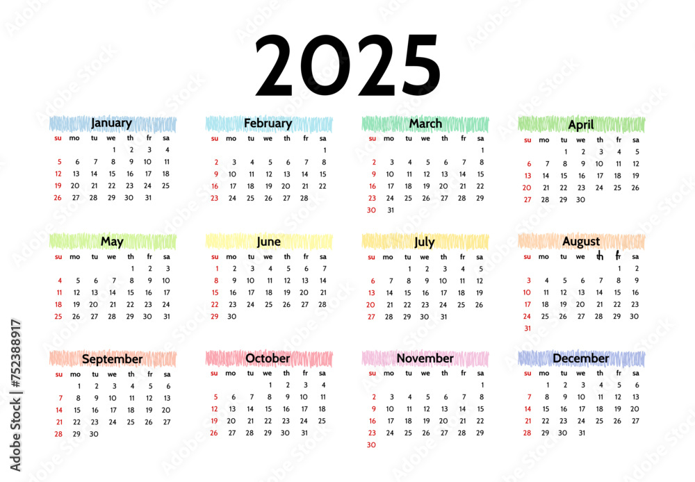 Calendar for 2025 isolated on a white background Calendar for 2025 isolated on a white background