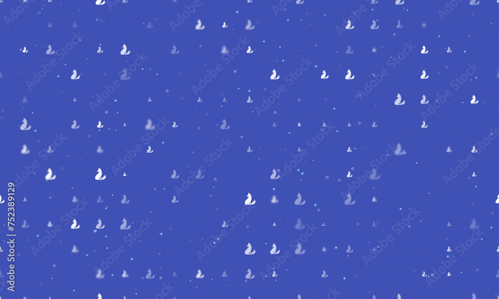 Seamless background pattern of evenly spaced white fox symbols of different sizes and opacity. Vector illustration on indigo background with stars Seamless background pattern of evenly spaced white fox symbols of different sizes and opacity. Vector illustration on indigo background with stars