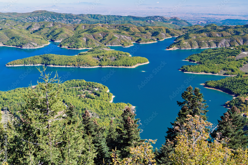 View of the artificial Plastiras or Tavropos lake in Thessaly, Greece