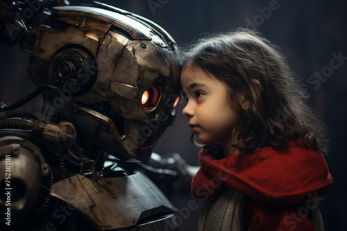 Generative ai picture photo of little child playing with artificial intelligence robot friend