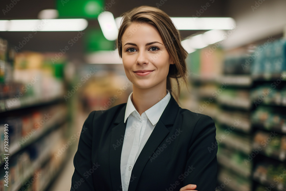 Smiling person working in supermarket grocery store department Generative Ai picture Smiling person working in supermarket grocery store department Generative Ai picture