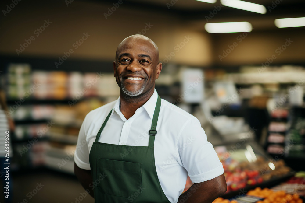 Smiling person working in supermarket grocery store department Generative Ai picture
