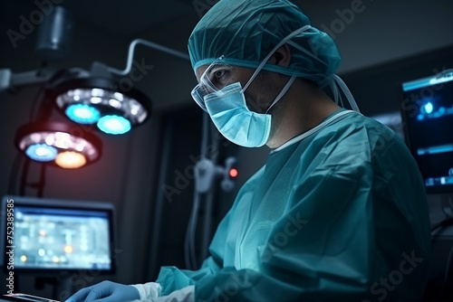 Generative IA picture modern operating room in futuristic surgery clinic team of professionals operating patient