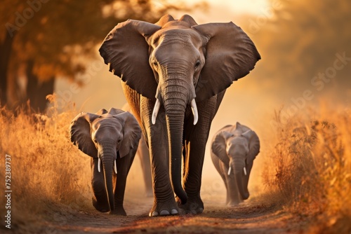 Beautiful herd of elephants walking across a dry grass field during stunning sunset