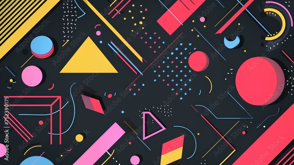Colorful abstract geometric with triangle, circle, dot and lines on a dark background, in the style of pop art cartoon, minimalist linework, Futuristic technology style. Colorful abstract geometric with triangle, circle, dot and lines on a dark background, in the style of pop art cartoon, minimalist linework, Futuristic technology style.