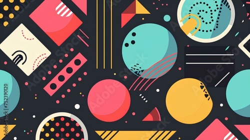 Colorful abstract geometric with triangle  circle  dot and lines on a dark background  in the style of pop art cartoon  minimalist linework   Futuristic technology style.