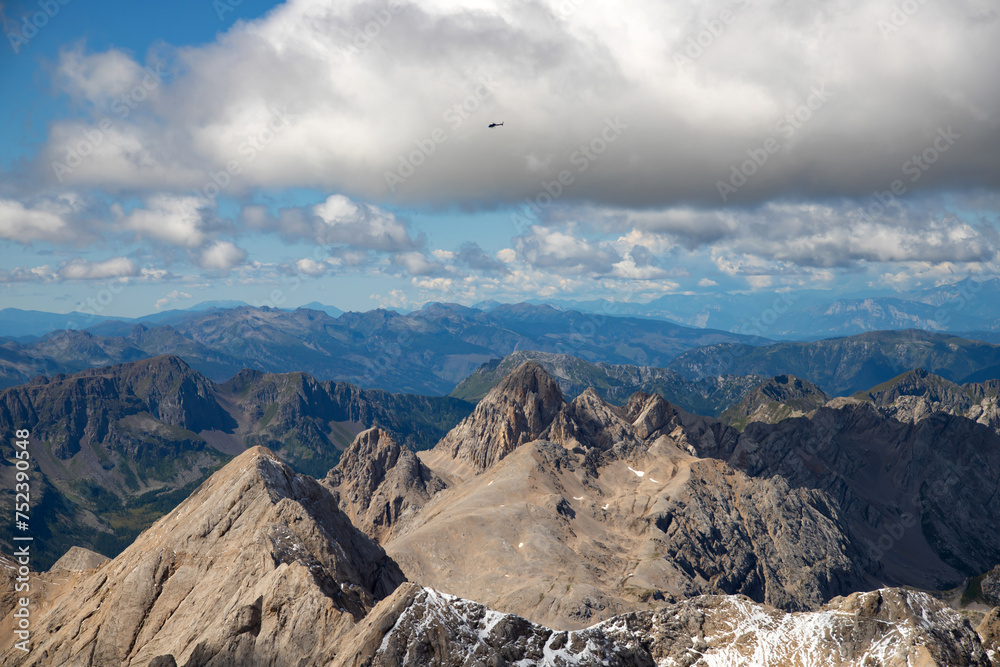 Panoramic view from the top of the Marmolada Glacier, Dolomites,  South Tyrol, Italy.