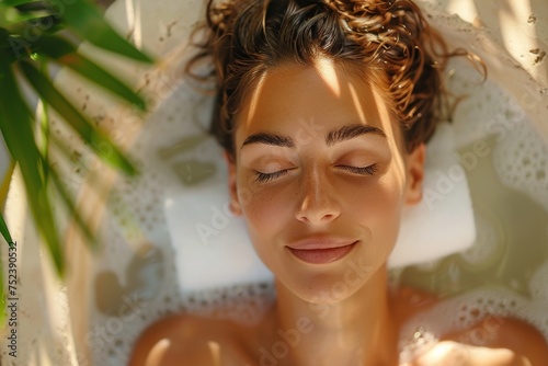 Woman relaxing in a bubble bath with plant shadows on her face. Self-care and relaxation concept. Close-up with natural lighting