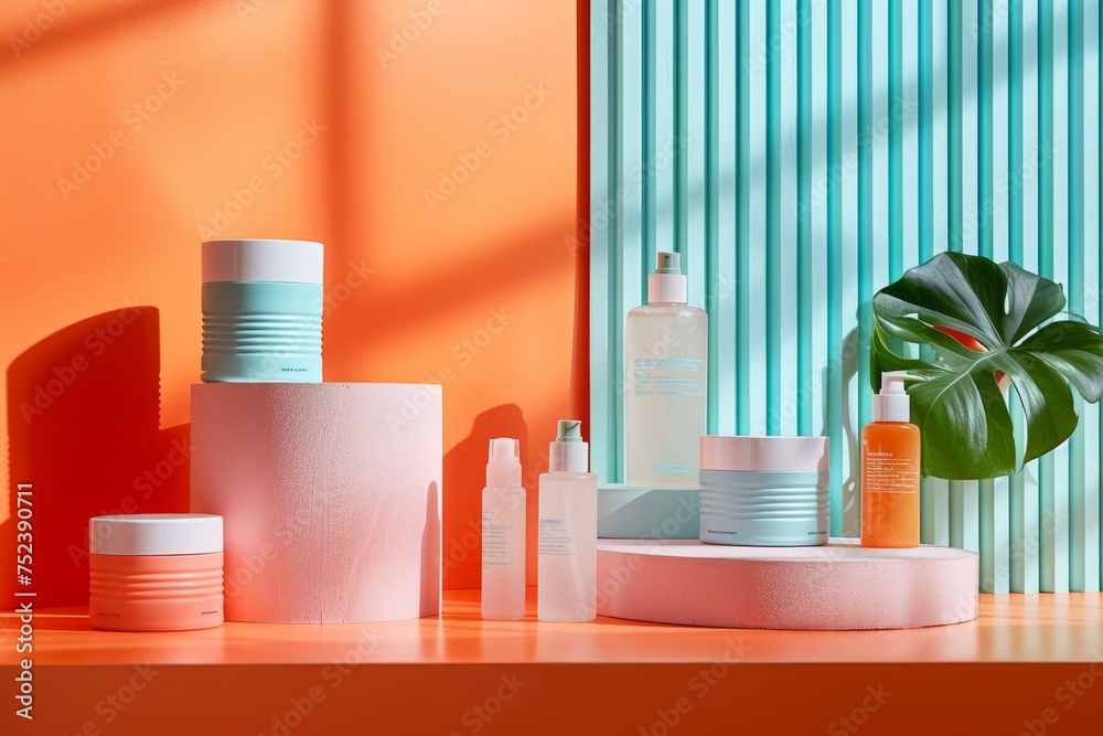 Beauty and skincare product display with a vibrant orange and teal background. Modern cosmetic branding and presentation concept with natural elements