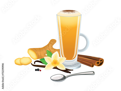 Turmeric latte with ginger, vanilla, cinnamon vector illustration. Golden turmeric latte with froth milk icon vector isolated on a white background. Golden milk in a tall glass with a handle drawing photo