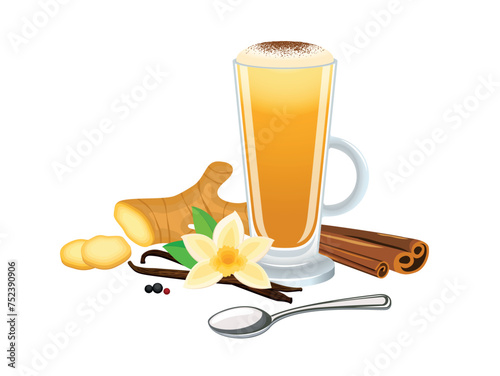 Turmeric latte with ginger, vanilla, cinnamon vector illustration. Golden turmeric latte with froth milk icon vector isolated on a white background. Golden milk in a tall glass with a handle drawing