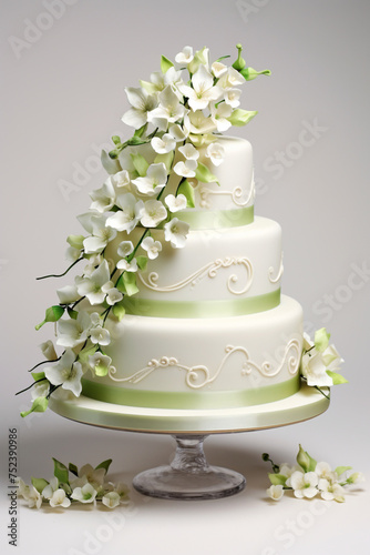 Elegant wedding cake adorned with lime green fondant and floral details сreated with Generative Ai